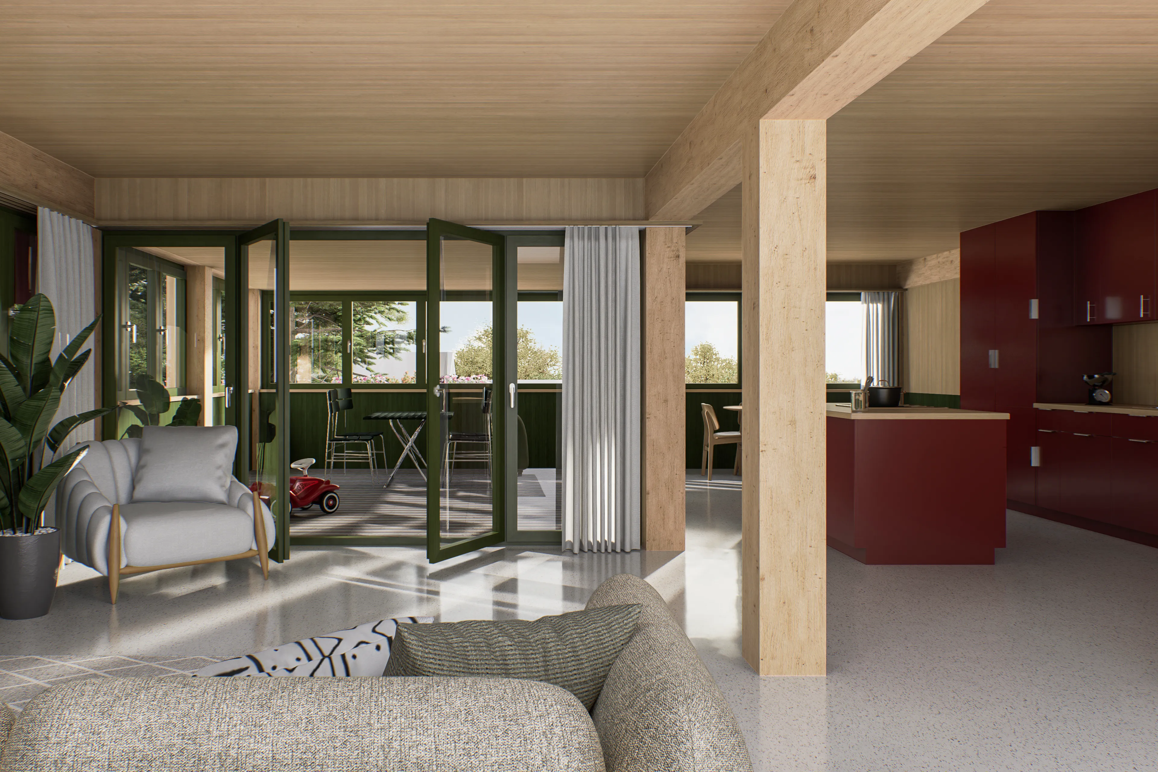 Zeitgemässe Architektursprache in Kombination mit vertrauten Dachformen.